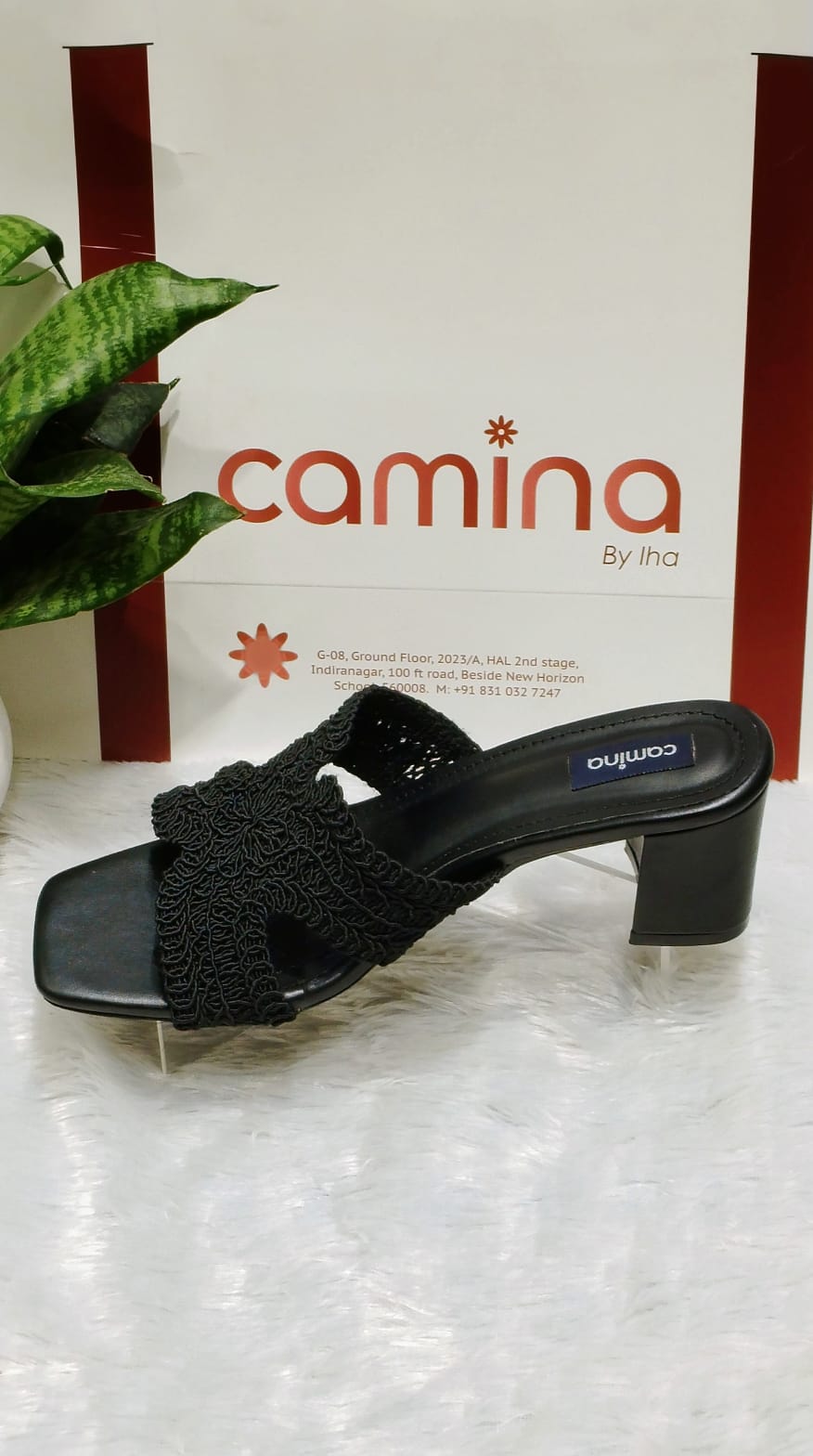 Elegant Black Handcrafted Crochet Strap Heels with Square Toe & Cushioned Comfort A181