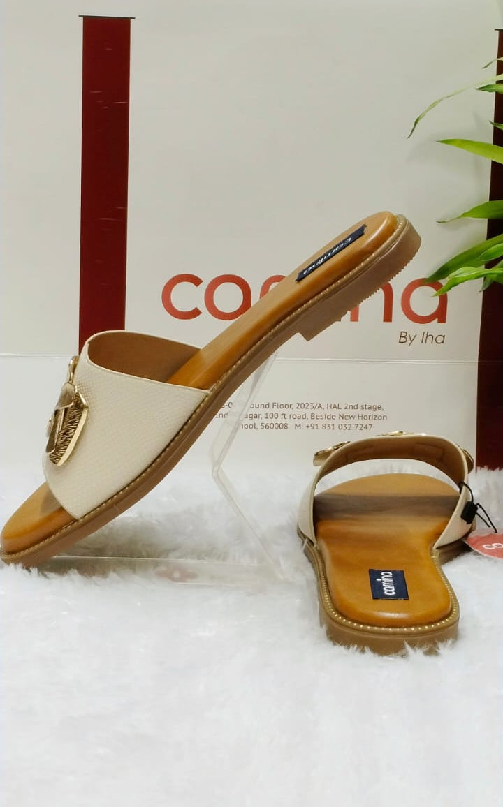 Designer Beige Comfort Sandals with Textured Golden Woven Strap Comfy Sole A187