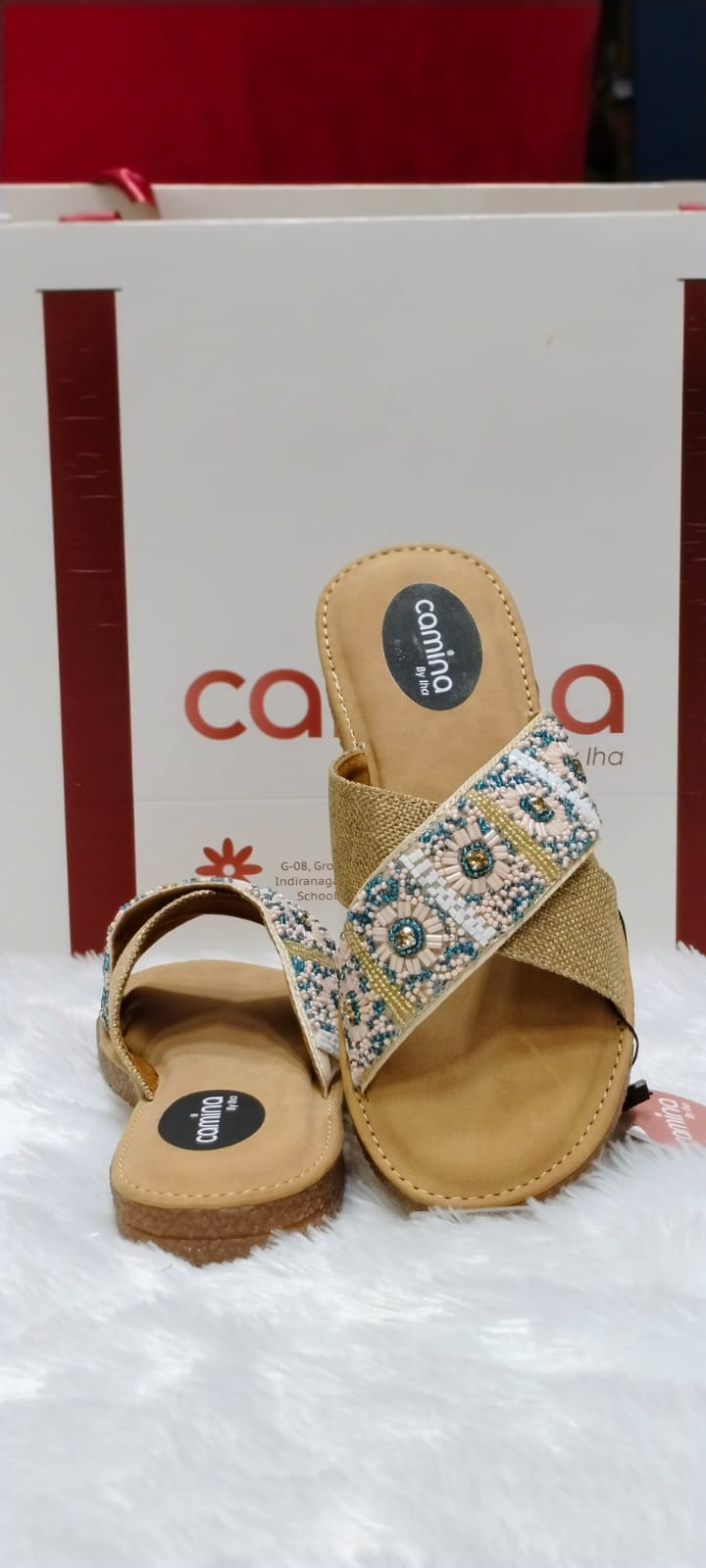 Frida Beige Embroidered Flat Sandal A192