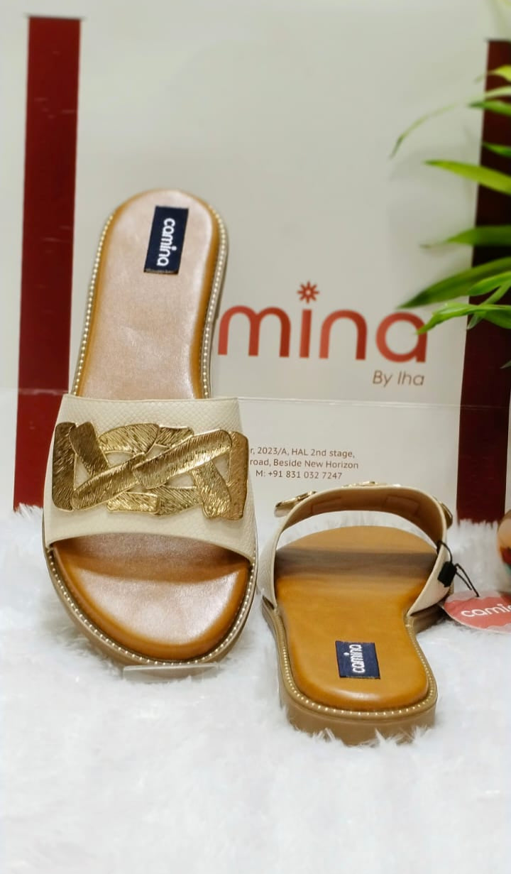 Designer Beige Comfort Sandals with Textured Golden Woven Strap Comfy Sole A187