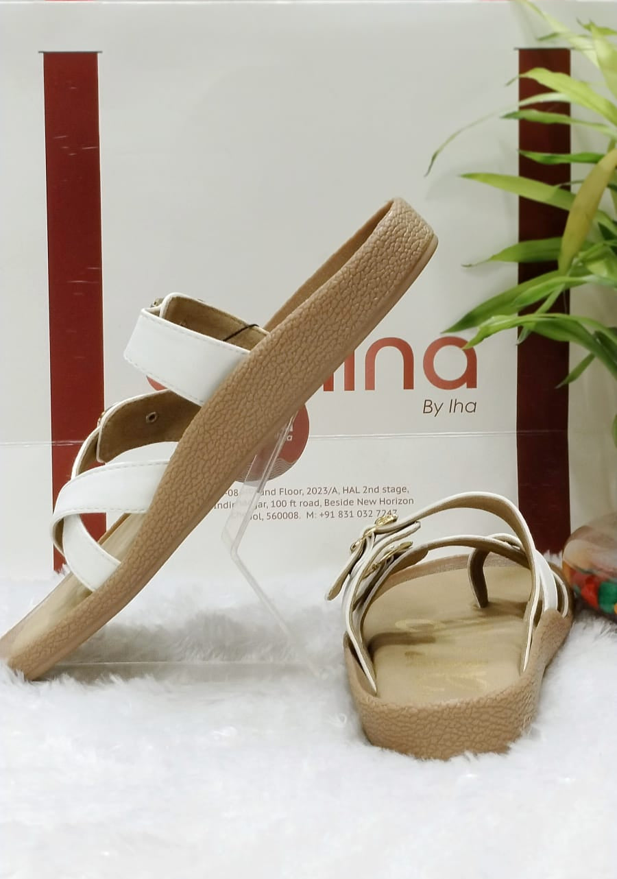 Elegant Double Buckle White Comfort Sandals for Women ( A-185)