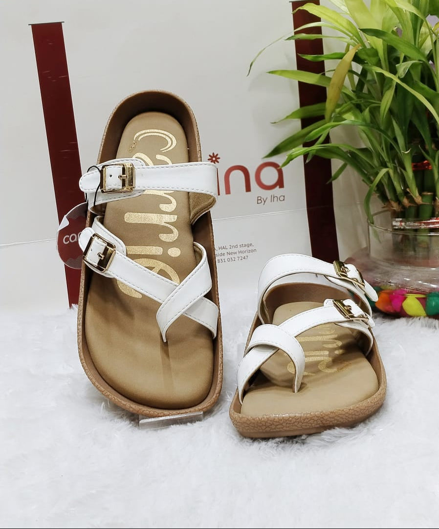 Elegant Double Buckle White Comfort Sandals for Women ( A-185)