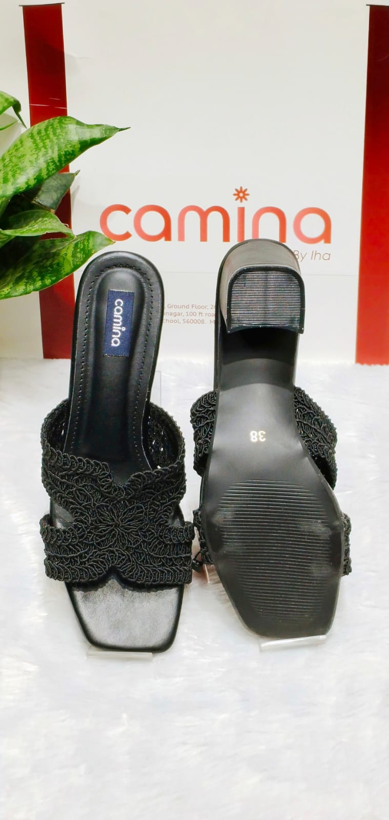 Elegant Black Handcrafted Crochet Strap Heels with Square Toe & Cushioned Comfort A181
