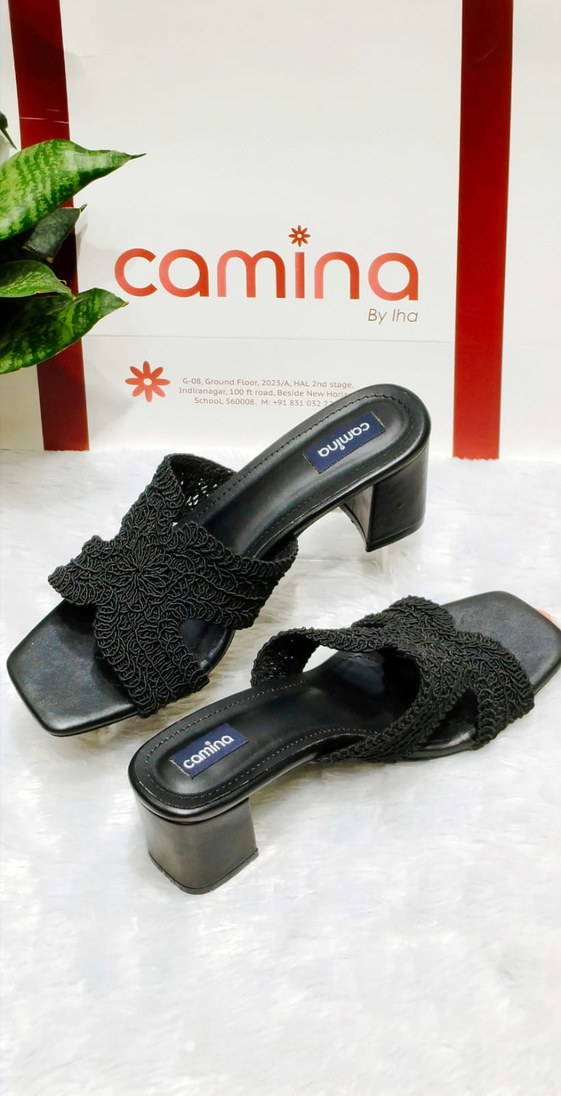 Elegant Black Handcrafted Crochet Strap Heels with Square Toe & Cushioned Comfort A181
