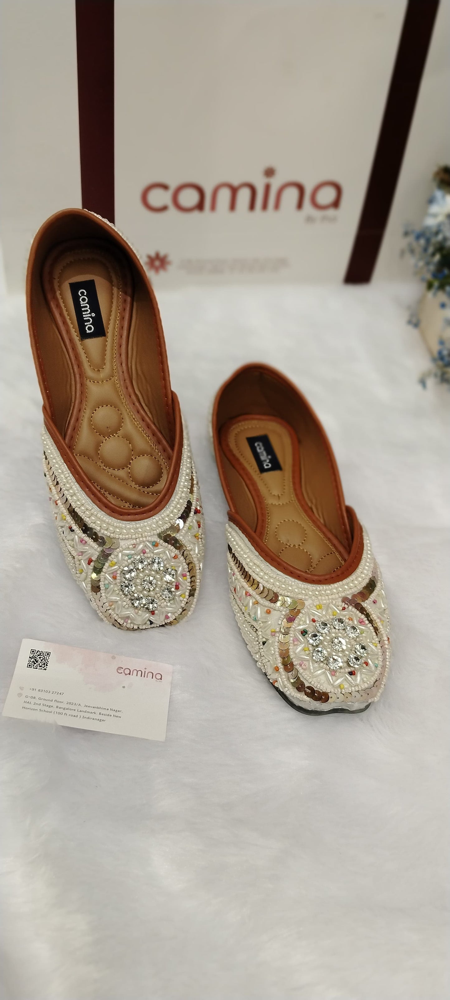 Crystal Embellished Pearl White Ballet Flats with Multi-Color Designer Sole Traditional Handcrafted Jutti
