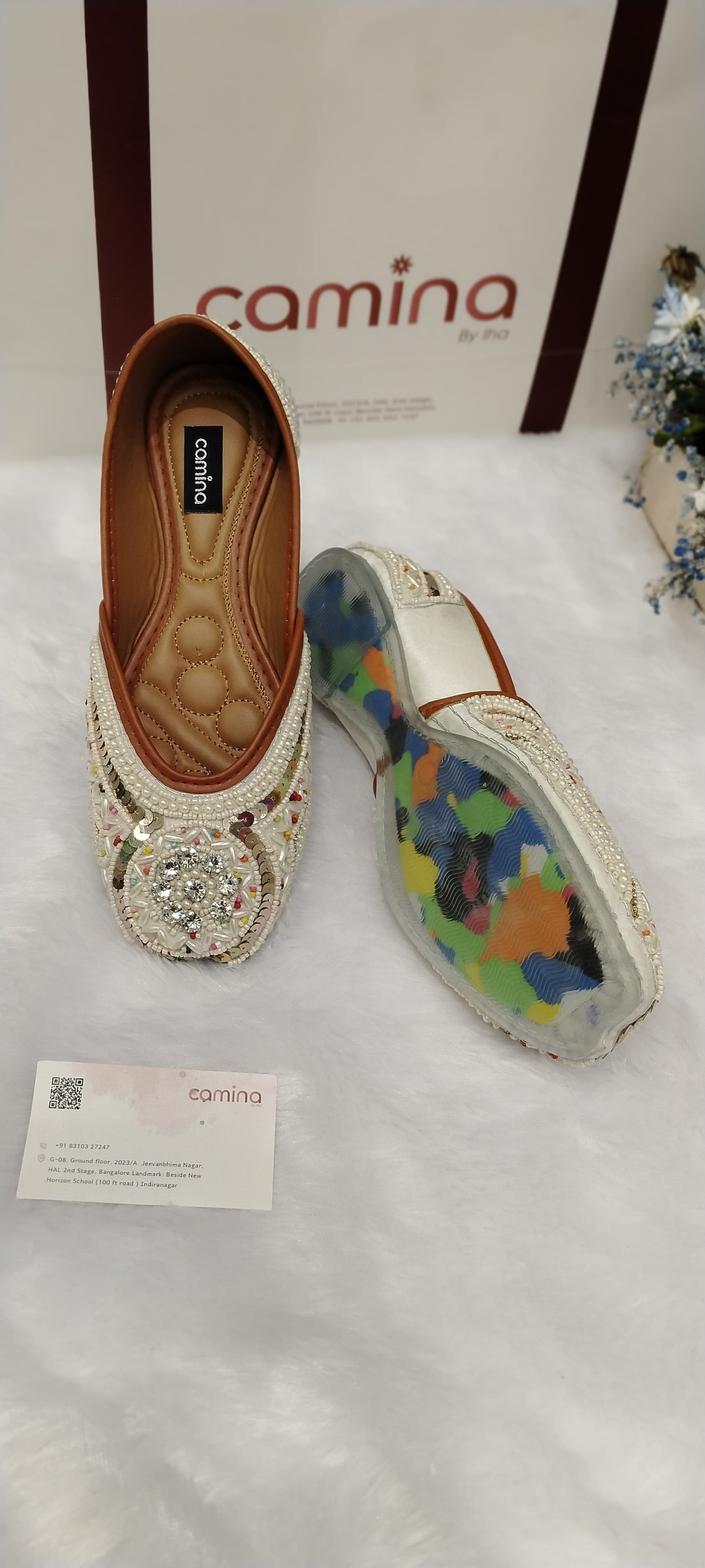Crystal Embellished Pearl White Ballet Flats with Multi-Color Designer Sole Traditional Handcrafted Jutti