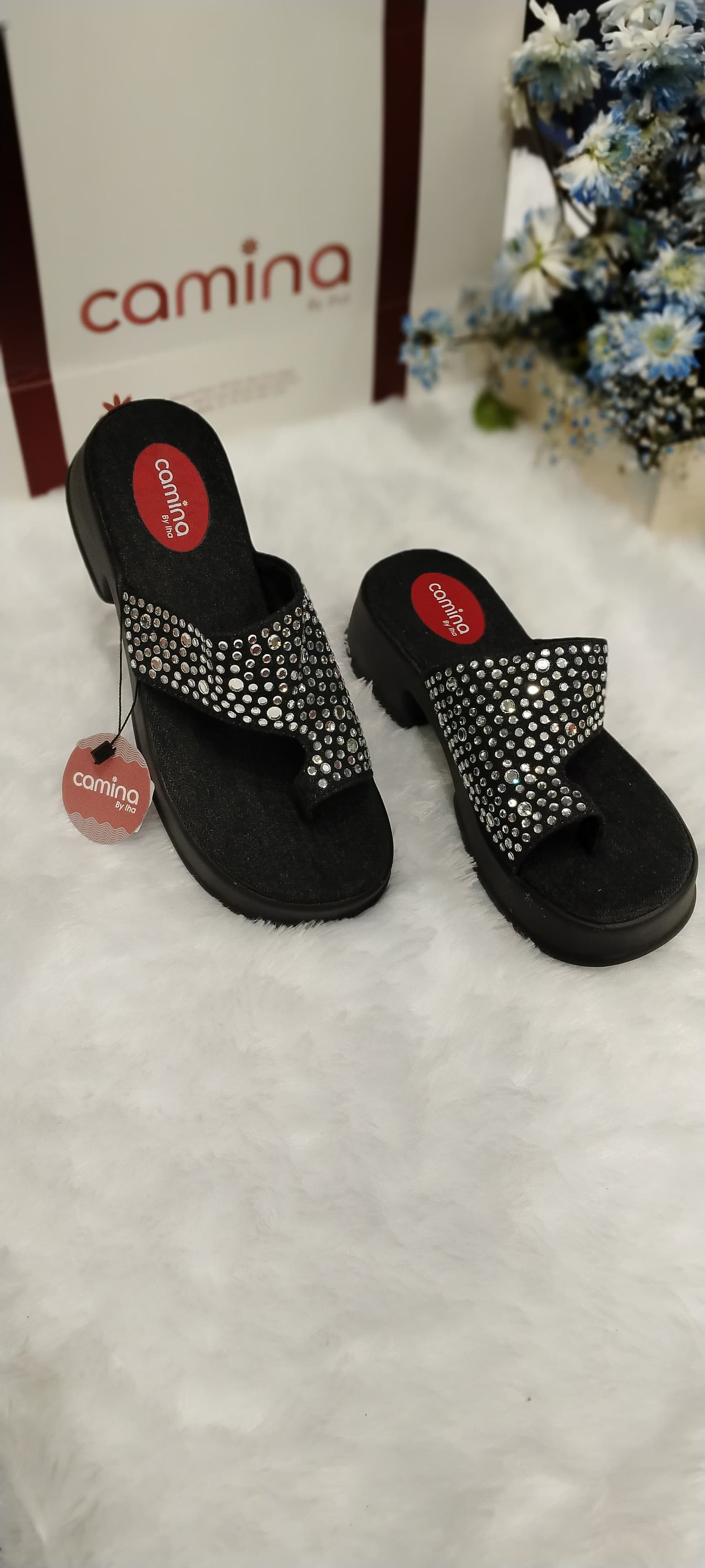 Crystal-Embellished Comfort Platform Slides Women's Rhinestone Thong Sandals