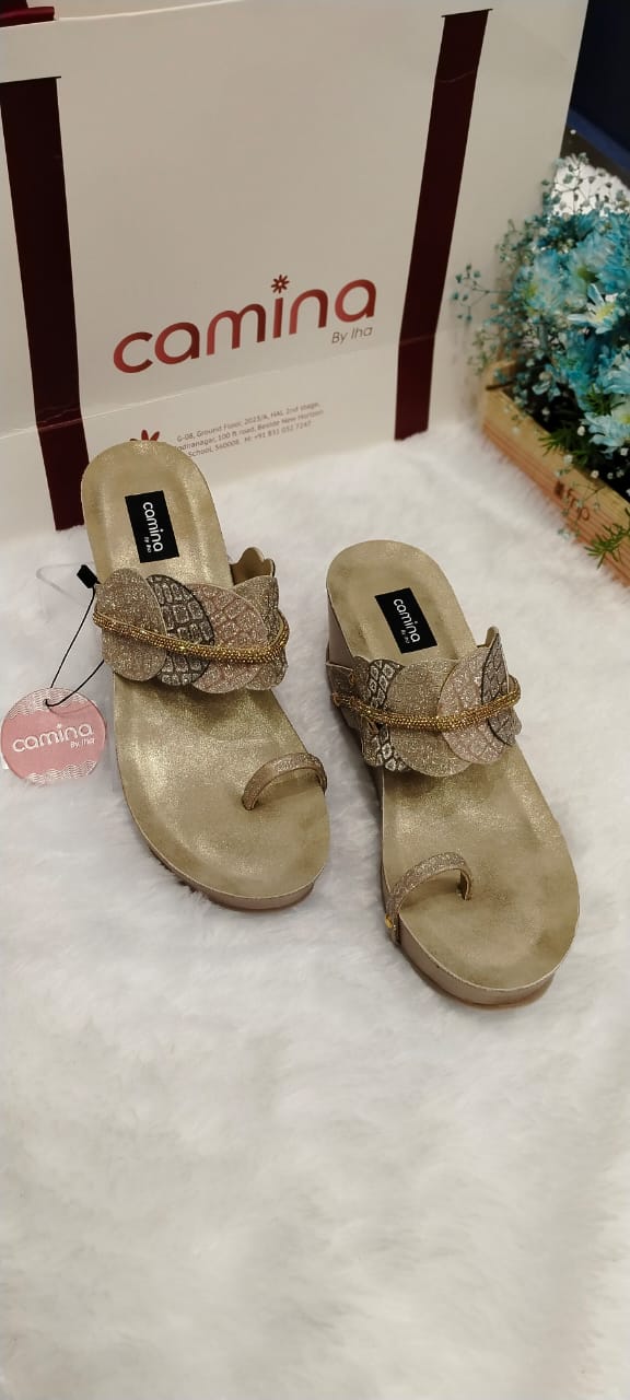 Gold Ethnic Wedge Sandals with Embellished Leaf Design – Festive & Stylish