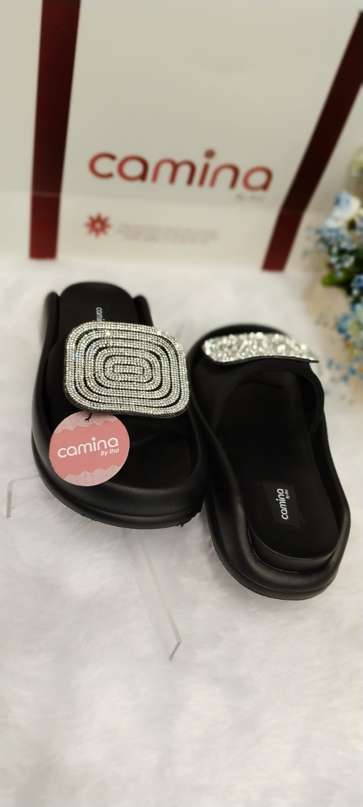 Hazel Black Platform Slides stone slip-on-A52