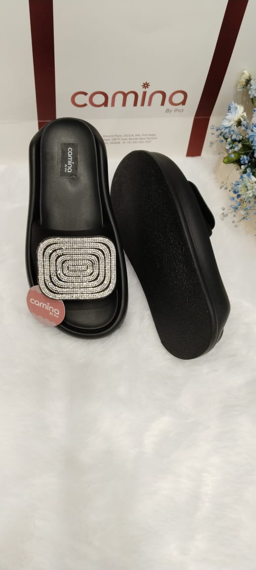 Hazel Black Platform Slides stone slip-on-A52