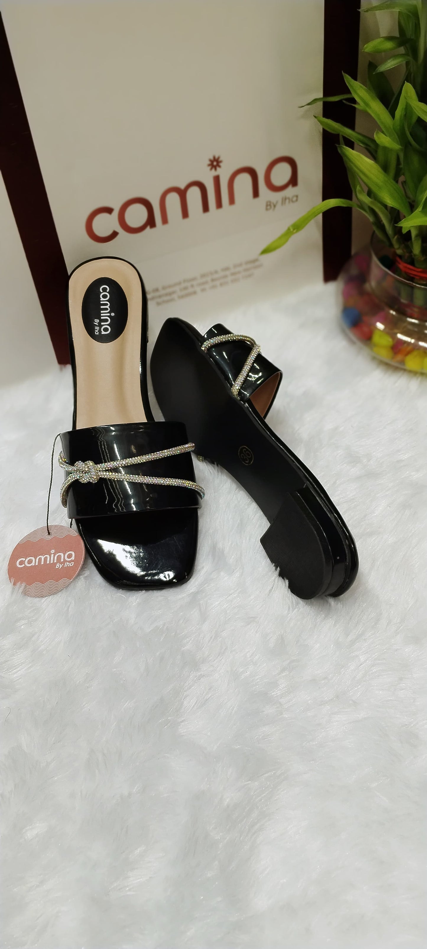 Elegant Black Slides with Rhinestone Accent-A081