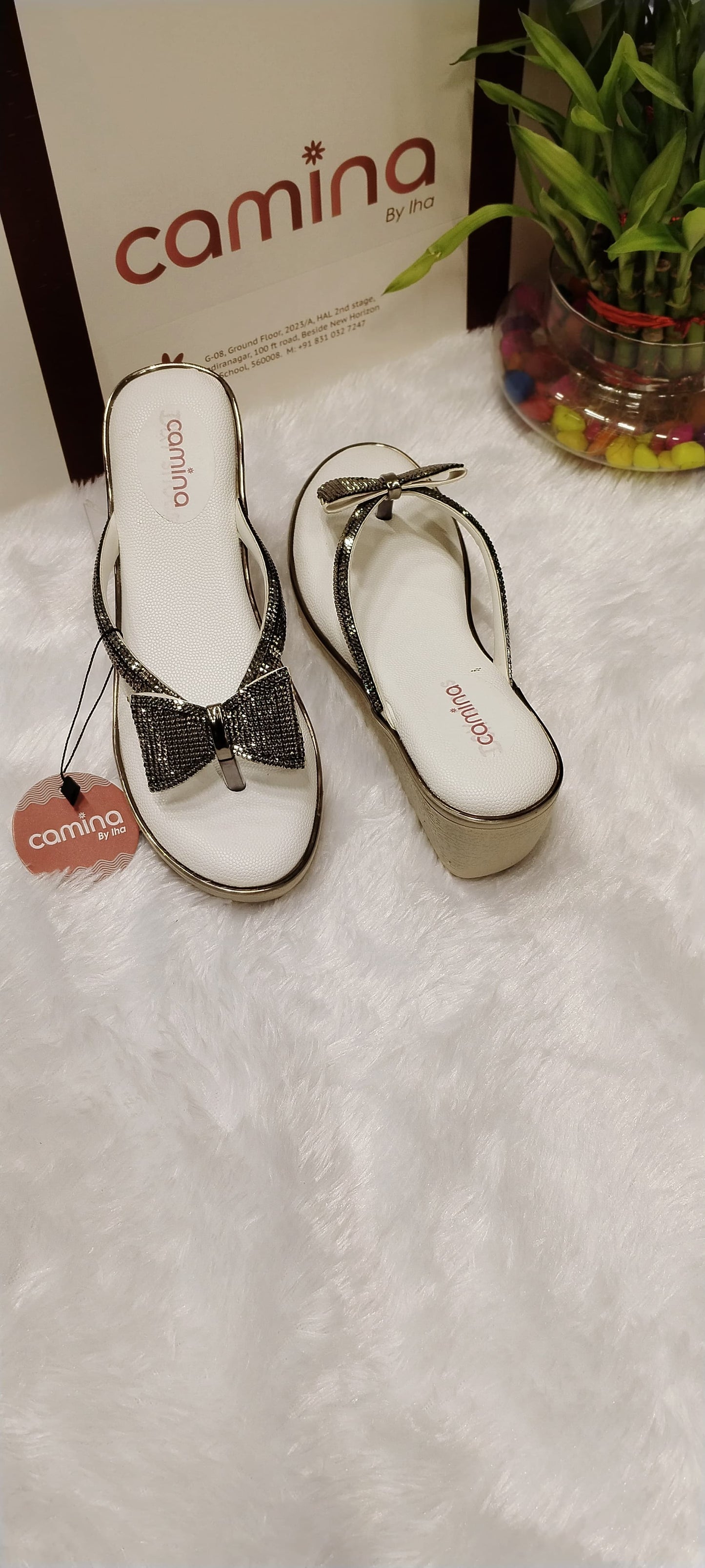 Glamour Bow Wedge Sandals - Sparkling Rhinestone Thong Flip Flops-A082