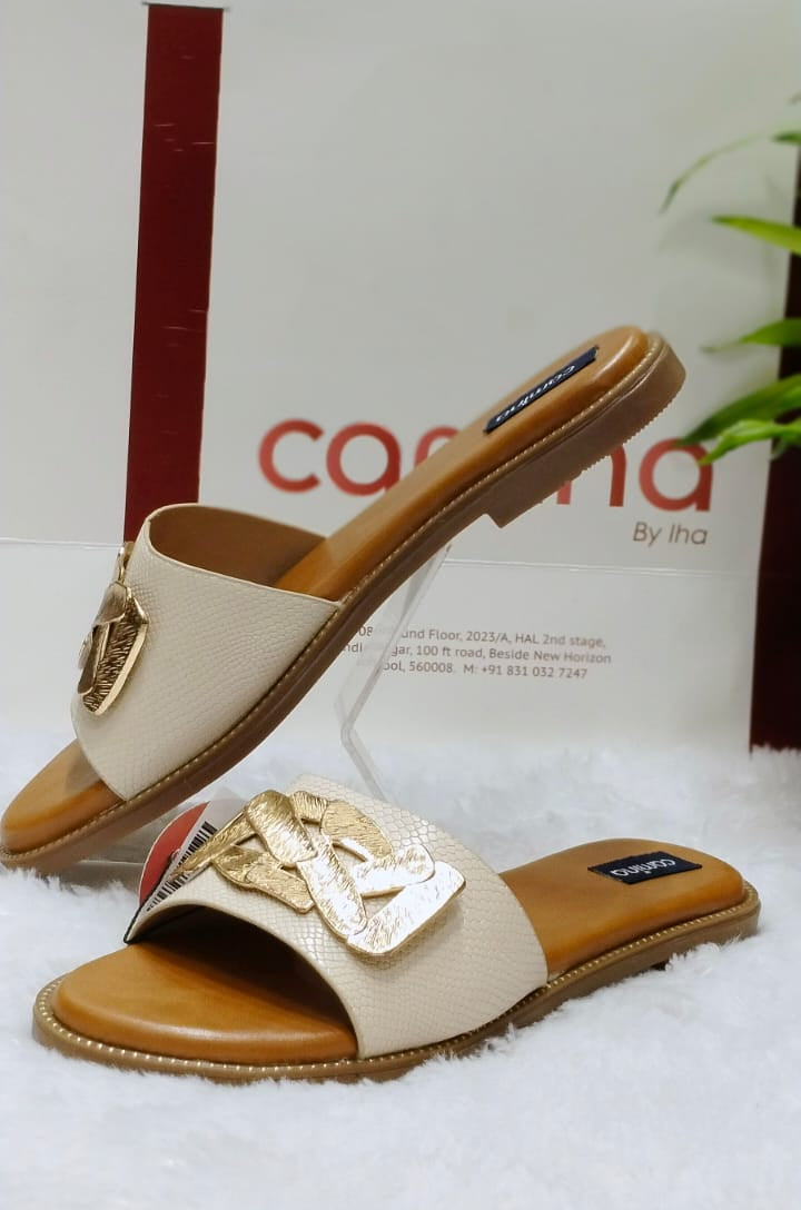Designer Beige Comfort Sandals with Textured Golden Woven Strap Comfy Sole A187