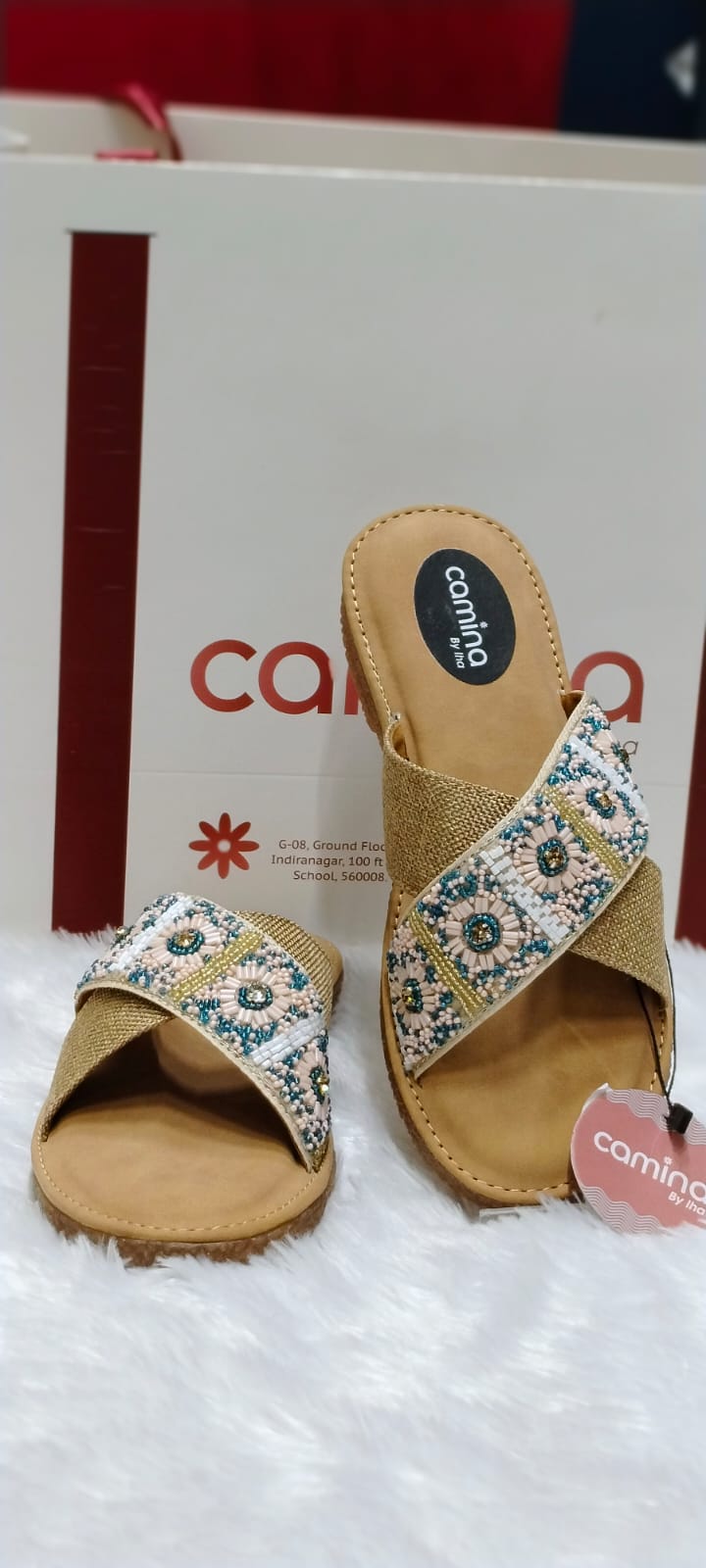Frida Beige Embroidered Flat Sandal A192
