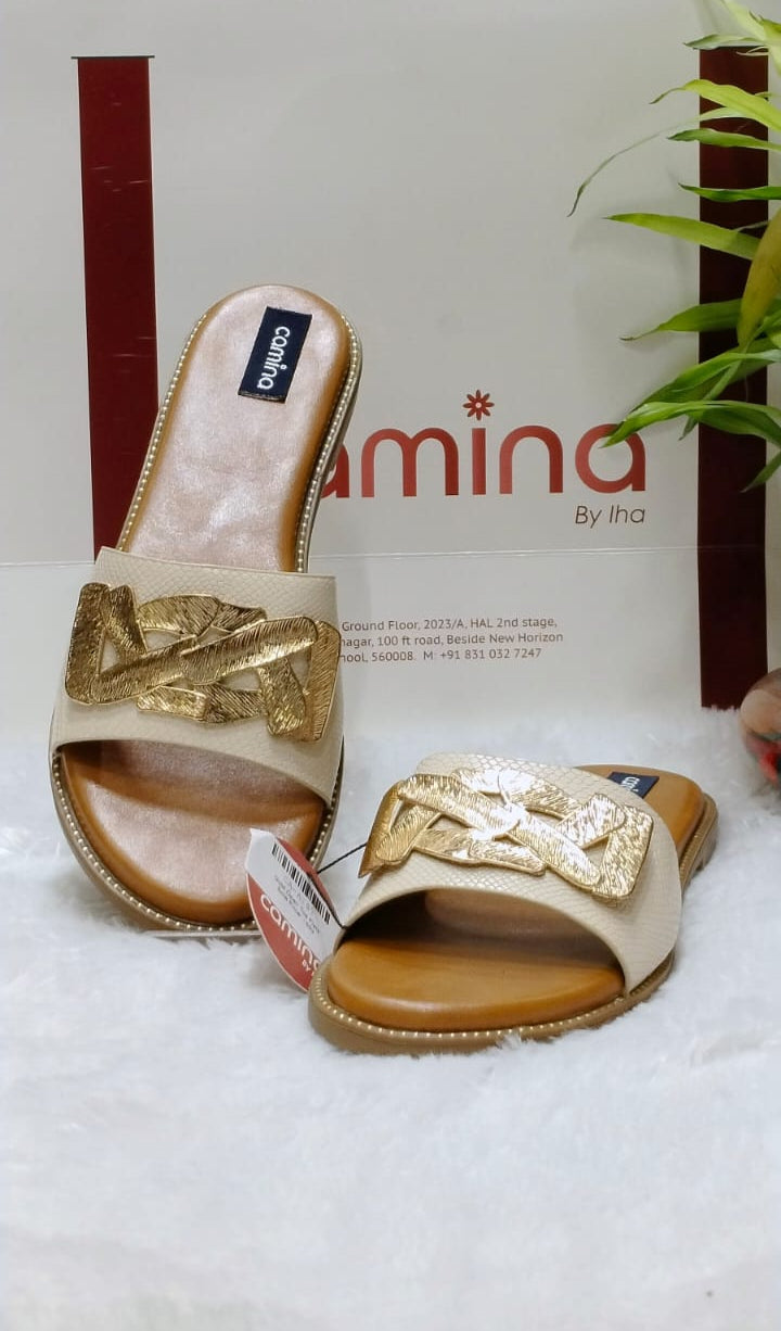 Designer Beige Comfort Sandals with Textured Golden Woven Strap Comfy Sole A187
