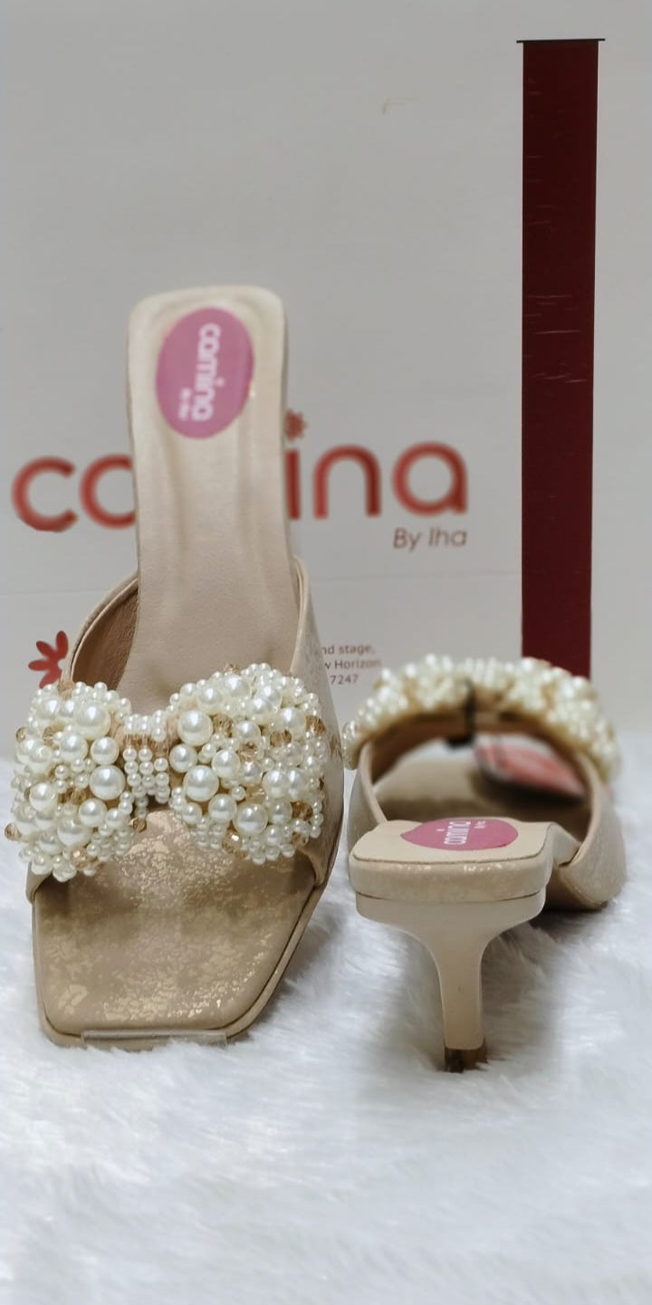 Golden Pearl-Embellished Bow Heels with Cushioned Comfort & Stylish Mid Heel A196