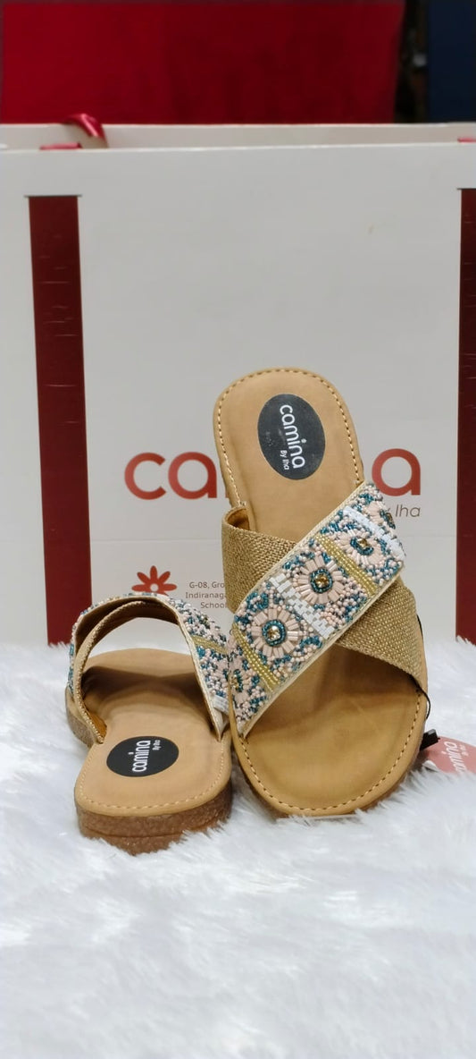 Frida Beige Embroidered Flat Sandal A192