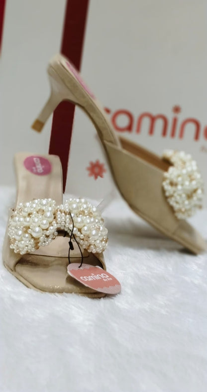 Golden Pearl-Embellished Bow Heels with Cushioned Comfort & Stylish Mid Heel A196