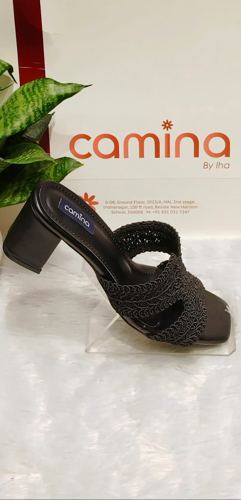 Elegant Black Handcrafted Crochet Strap Heels with Square Toe & Cushioned Comfort  A181