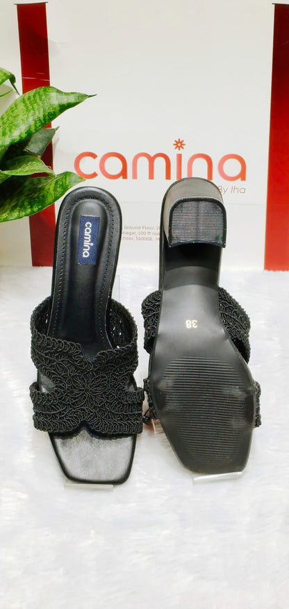 Elegant Black Handcrafted Crochet Strap Heels with Square Toe & Cushioned Comfort  A181