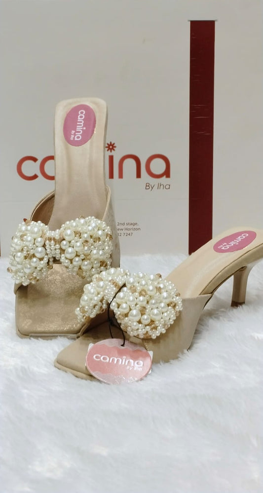 Golden Pearl-Embellished Bow Heels with Cushioned Comfort & Stylish Mid Heel A196