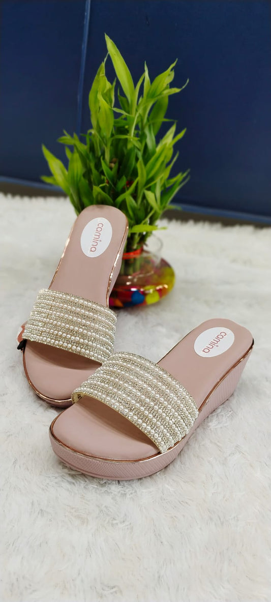 Beaded Strap Wedge Sandals - Rose Gold