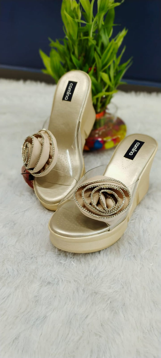 Gold Rose Embellished Wedge Sandals-A88