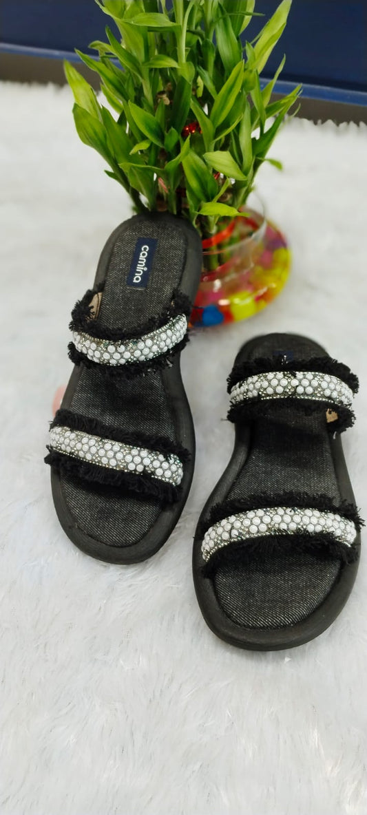 Pearl-Embellished Denim Slide Sandals-A87