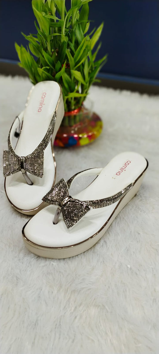 Glamour Bow Wedge Sandals - Sparkling Rhinestone Thong Flip Flops-A082