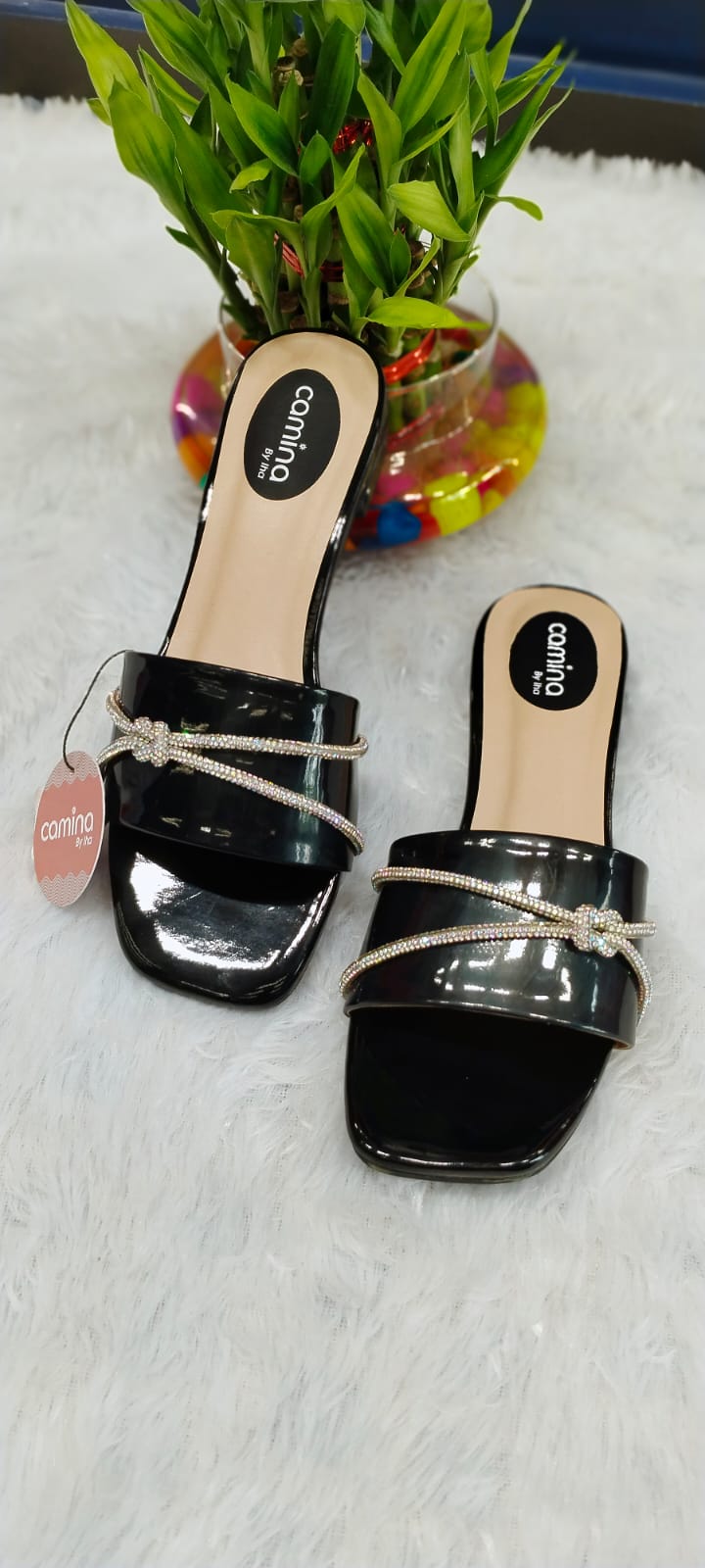 Elegant Black Slides with Rhinestone Accent-A081