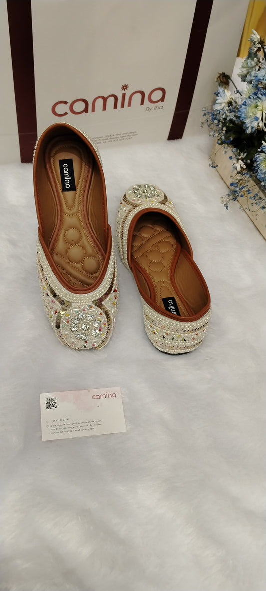 Crystal Embellished Pearl White Ballet Flats with Multi-Color Designer Sole Traditional Handcrafted Jutti