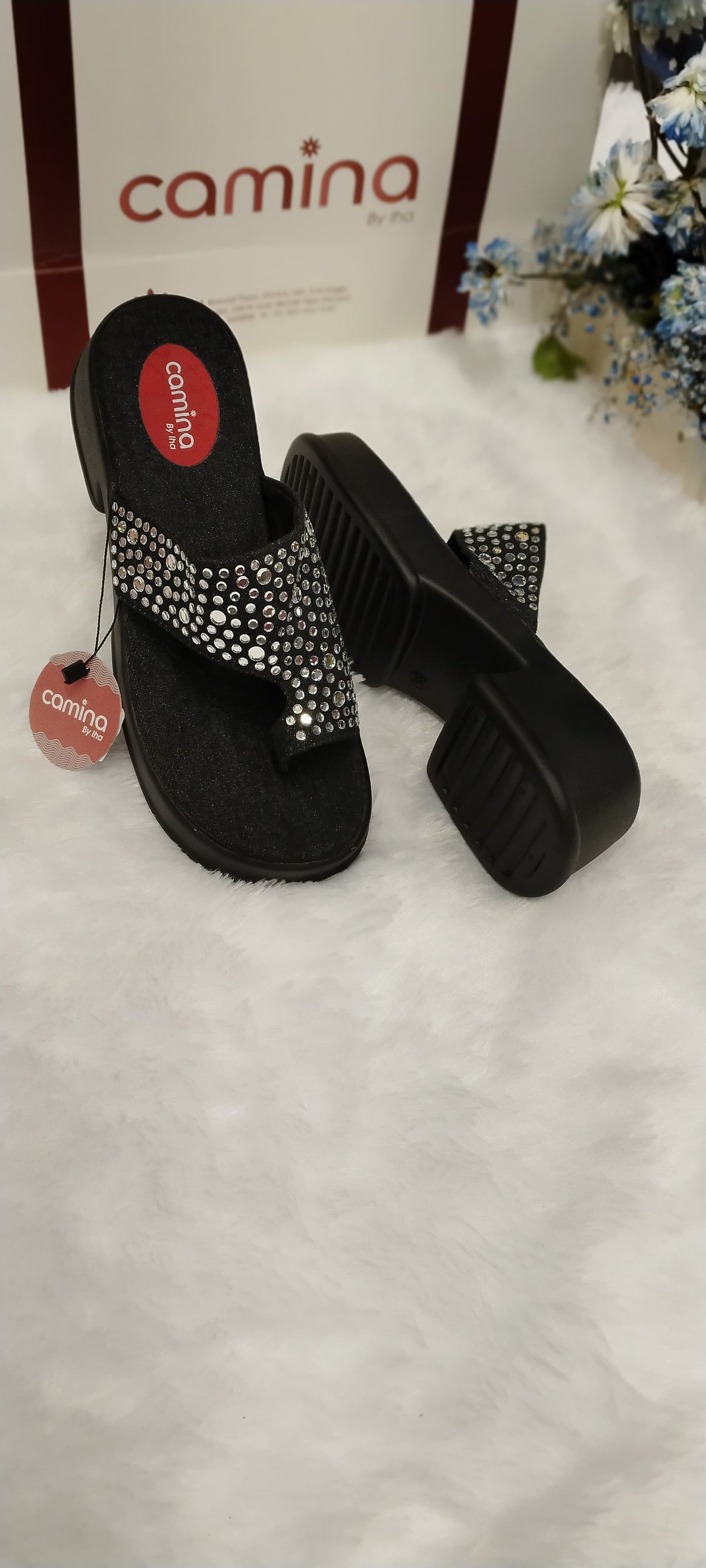 Crystal-Embellished Comfort Platform Slides  Women's Rhinestone Thong Sandals