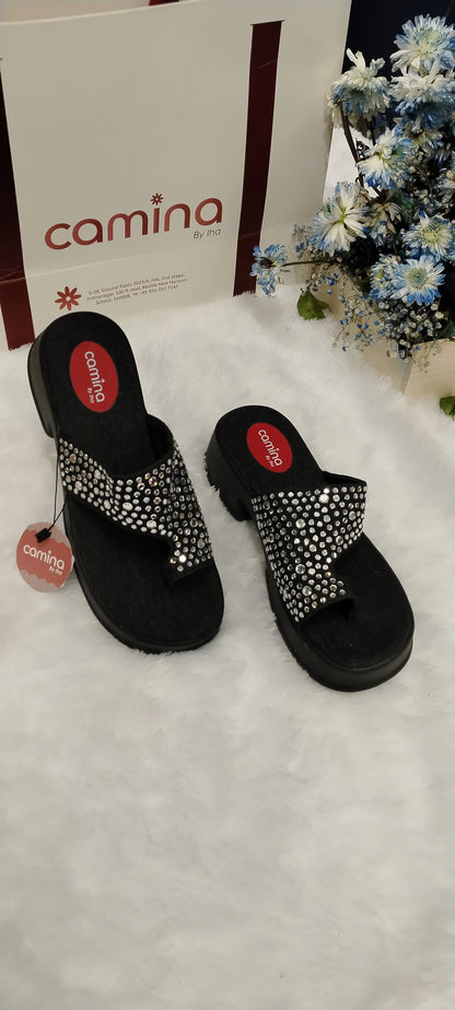 Crystal-Embellished Comfort Platform Slides  Women's Rhinestone Thong Sandals