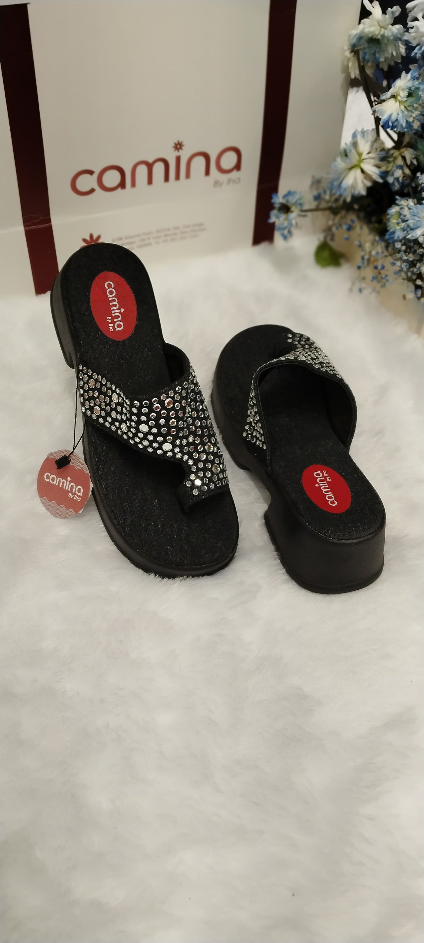 Crystal-Embellished Comfort Platform Slides  Women's Rhinestone Thong Sandals