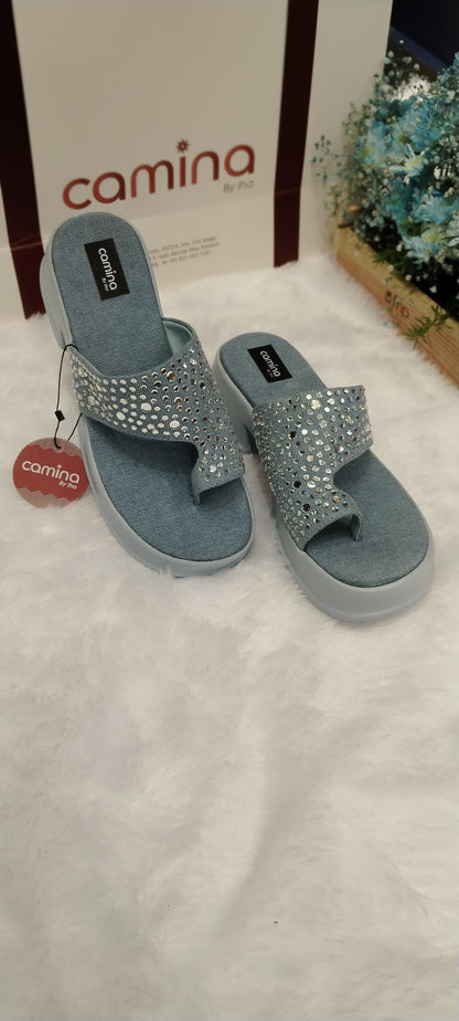 Crystal-Embellished Comfort Platform Slides  Women's Rhinestone Thong Sandals