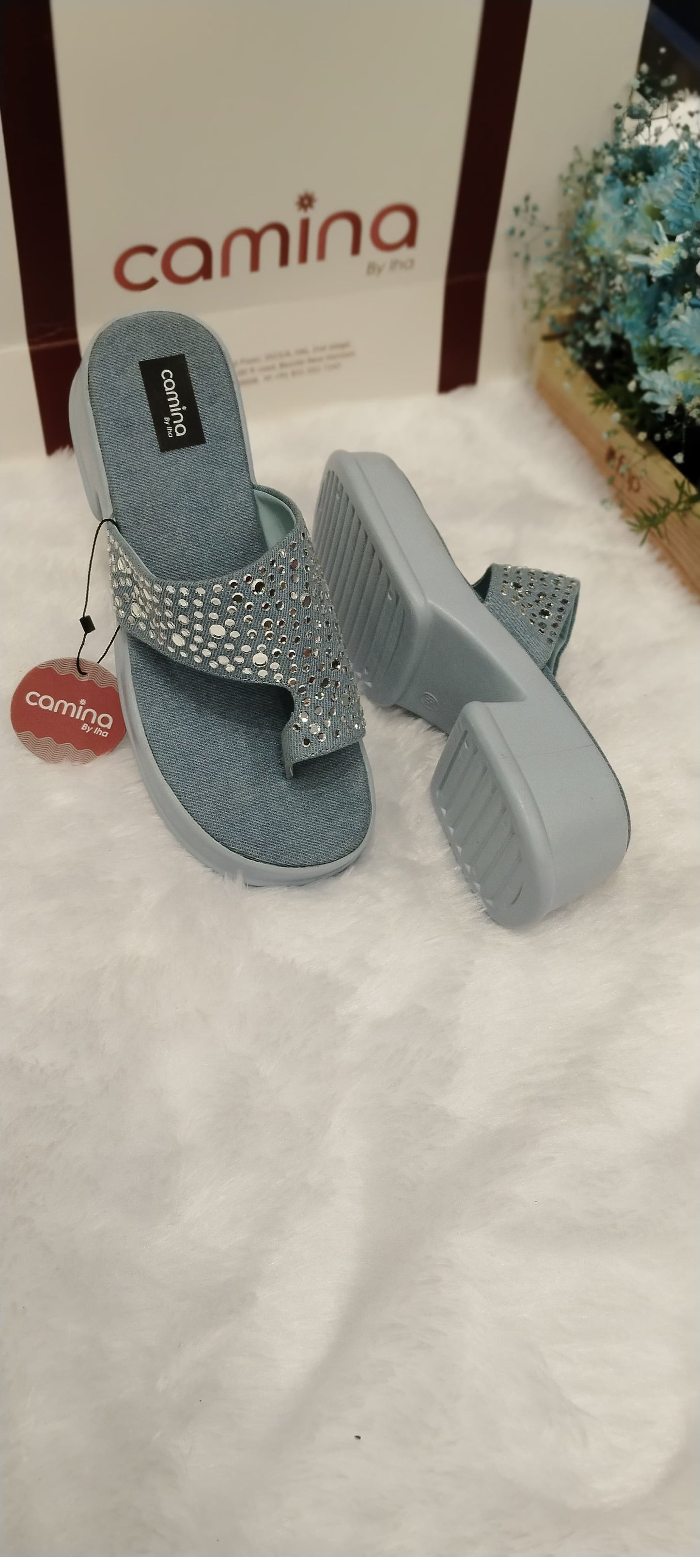 Crystal-Embellished Comfort Platform Slides  Women's Rhinestone Thong Sandals