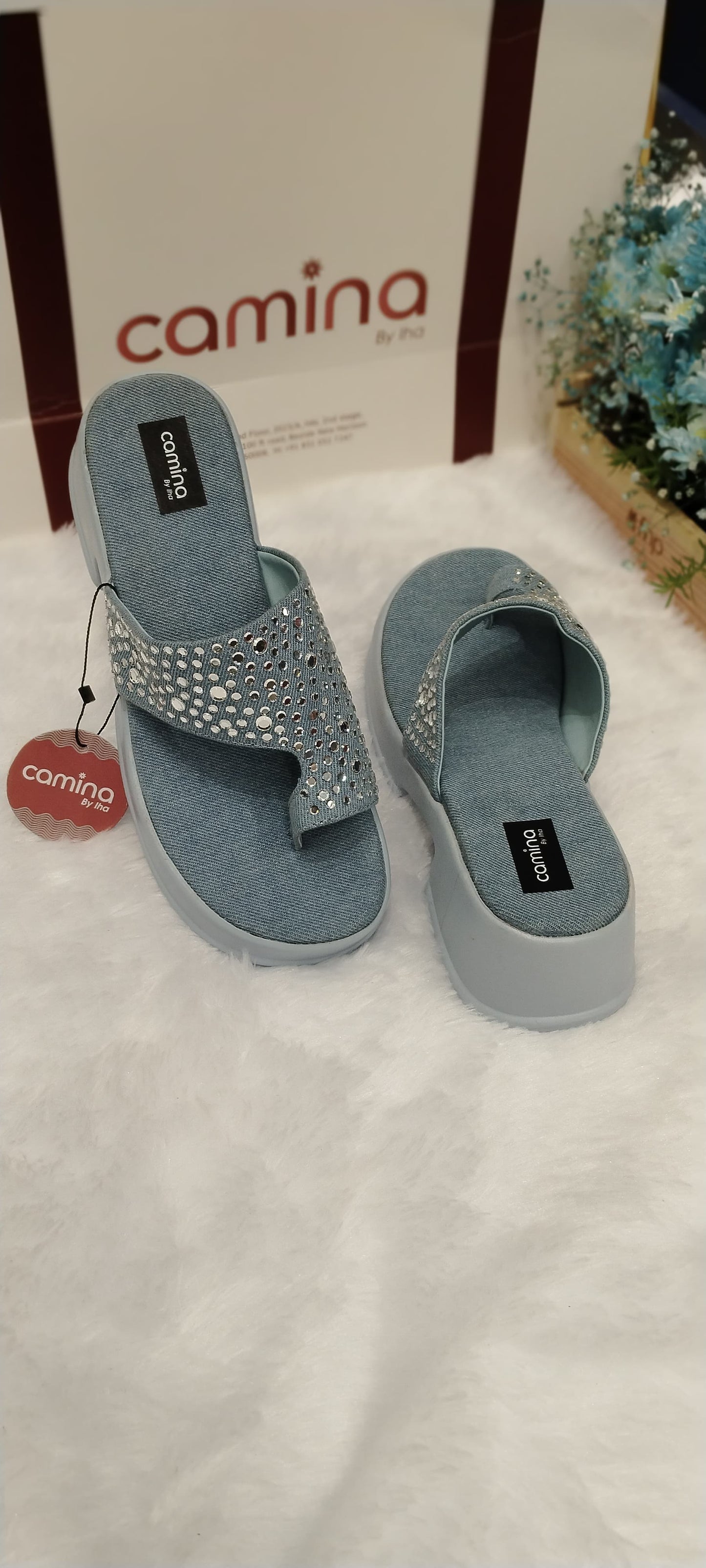 Crystal-Embellished Comfort Platform Slides  Women's Rhinestone Thong Sandals