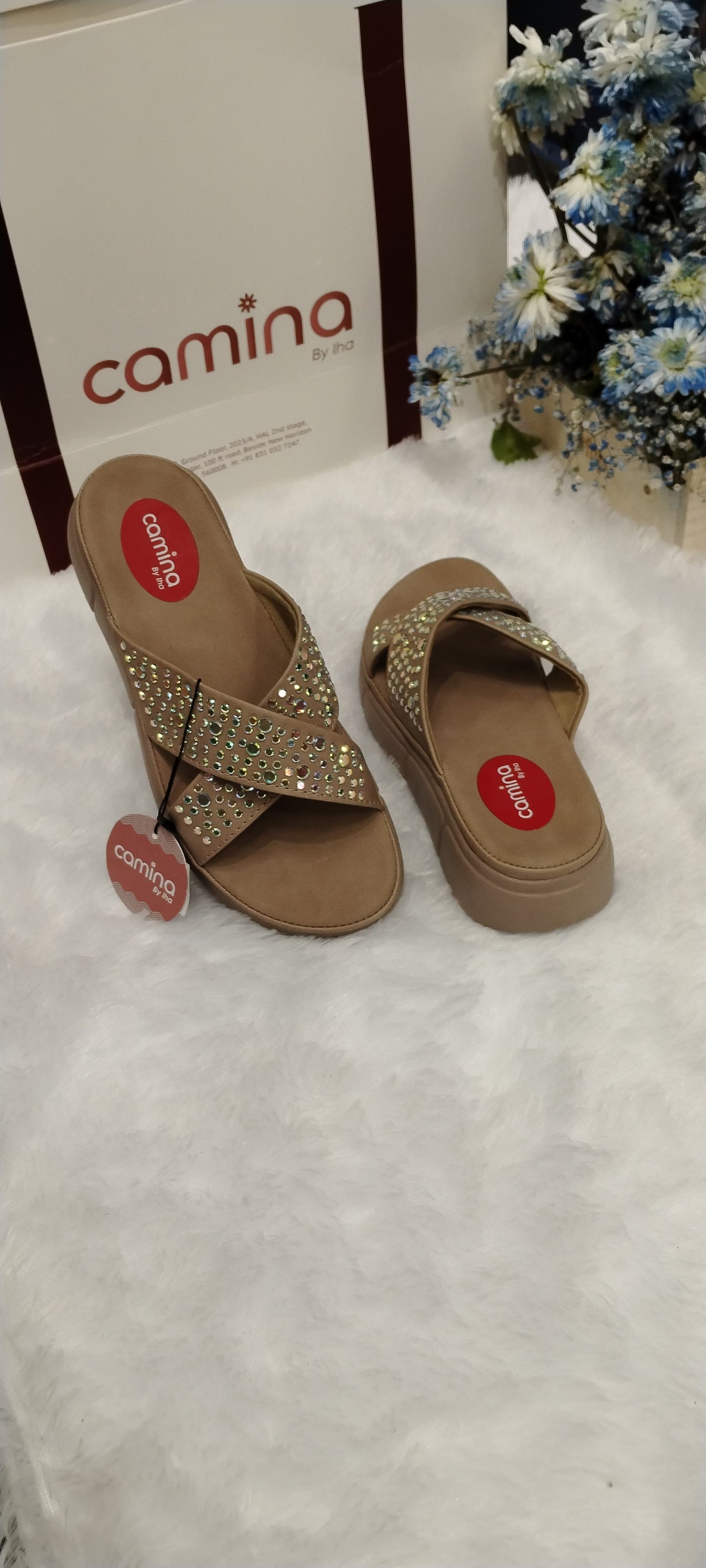 Rhinestone Cross-Strap Platform Slides Sandals-A06