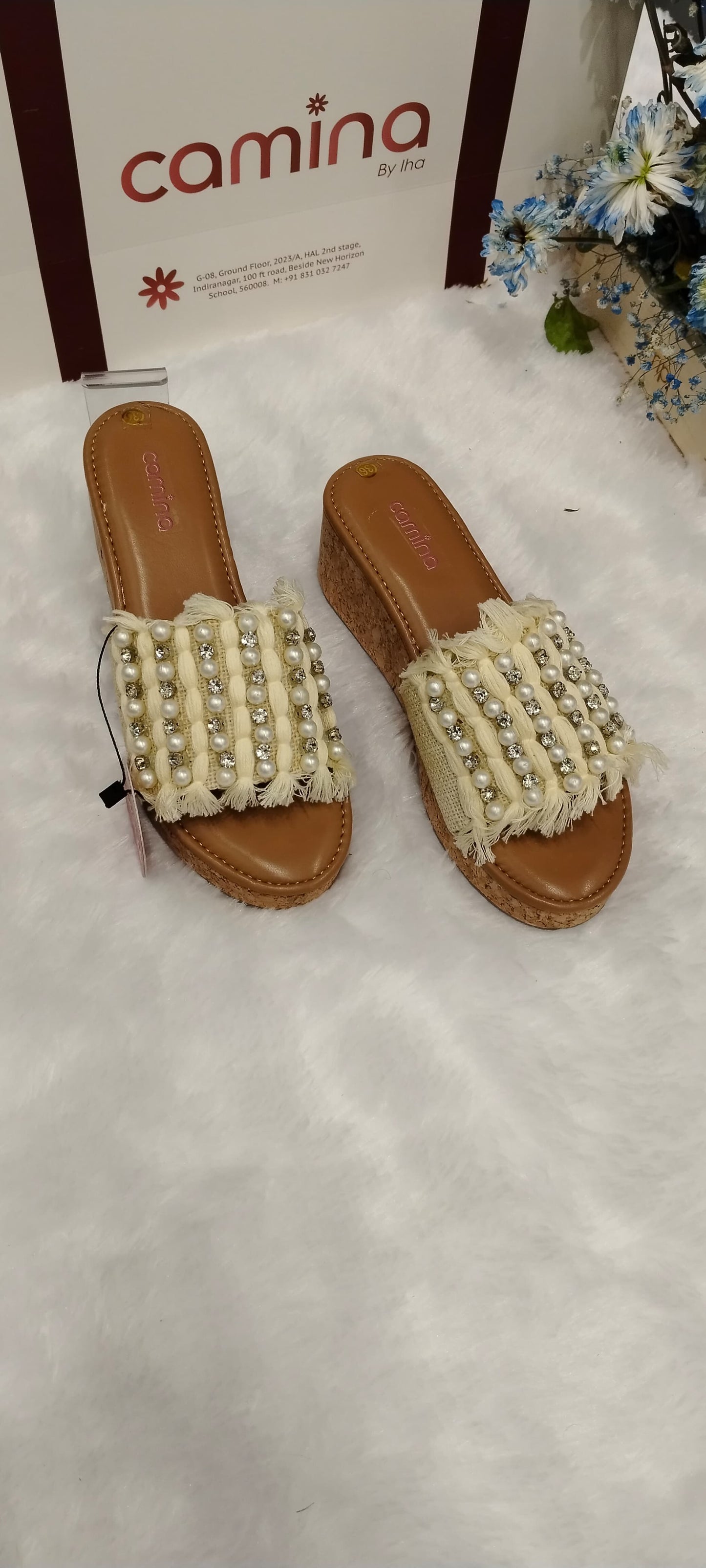 Pearl-Embellished Fringed Slide Platform Heels-A21