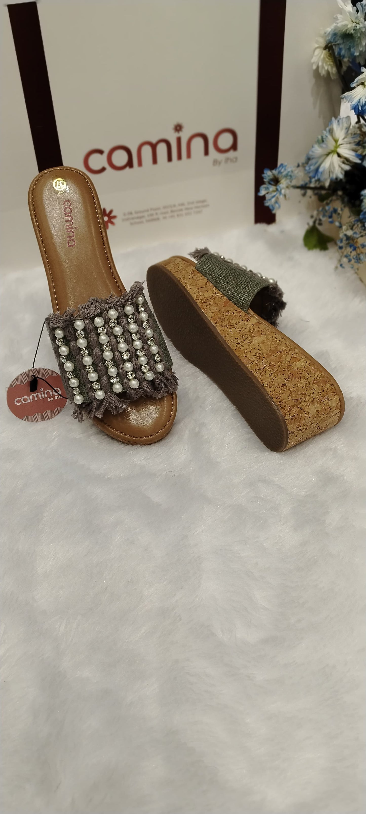 Pearl-Embellished Fringed Slide Platform Heels-A21