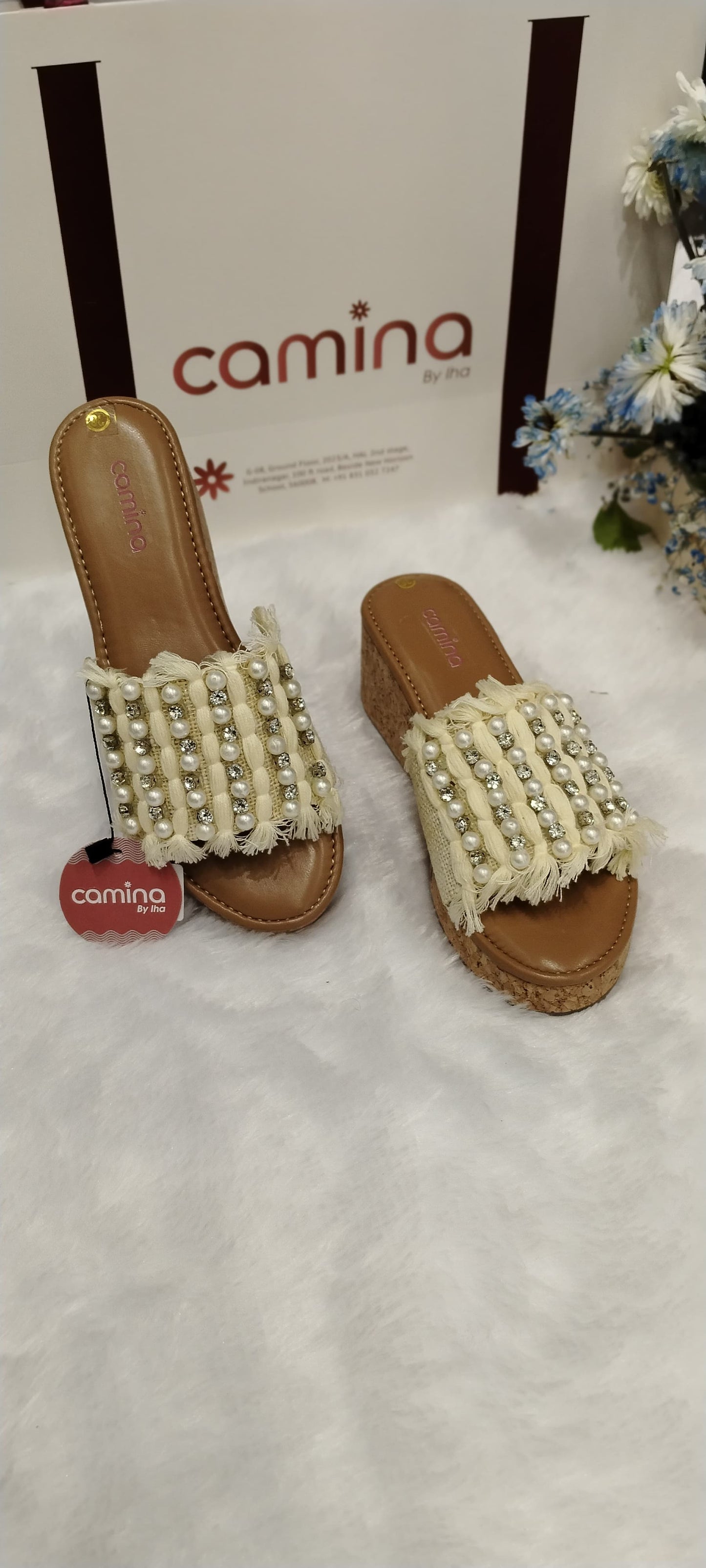 Pearl-Embellished Fringed Slide Platform Heels-A21