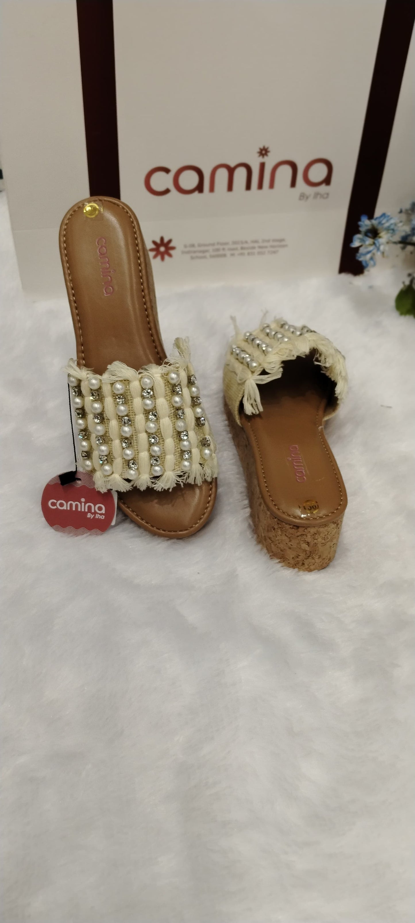 Pearl-Embellished Fringed Slide Platform Heels-A21