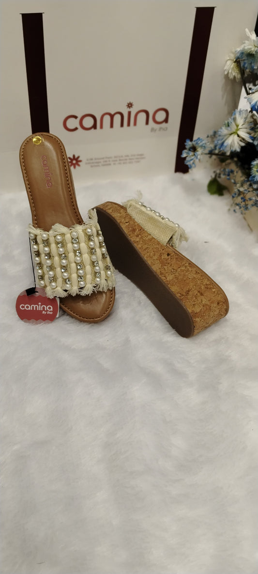 Pearl-Embellished Fringed Slide Platform Heels-A21