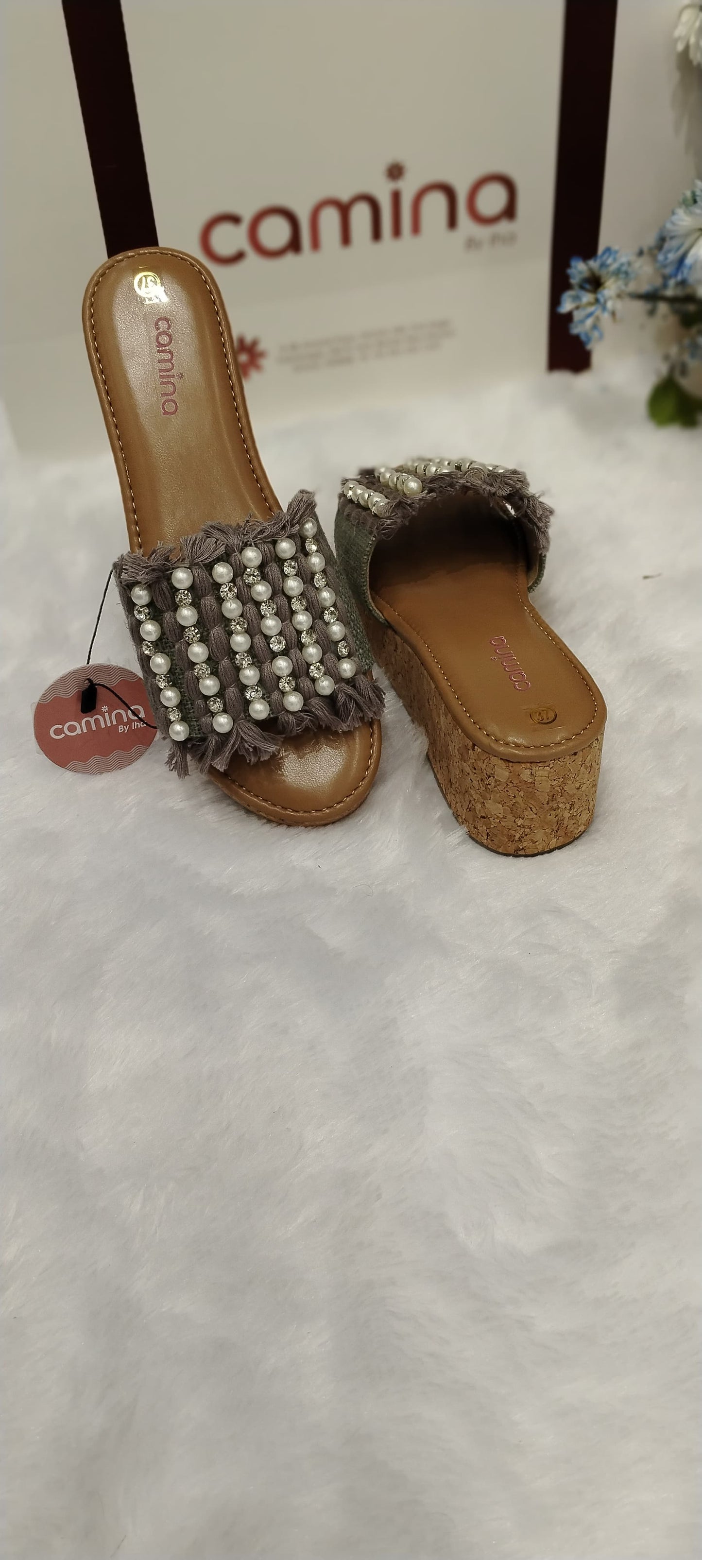 Pearl-Embellished Fringed Slide Platform Heels-A21