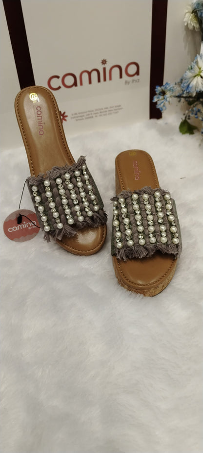 Pearl-Embellished Fringed Slide Platform Heels-A21