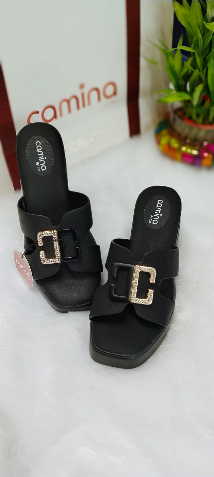 Luxe Black Slide Sandals with Rhinestone Buckle Detail-A47