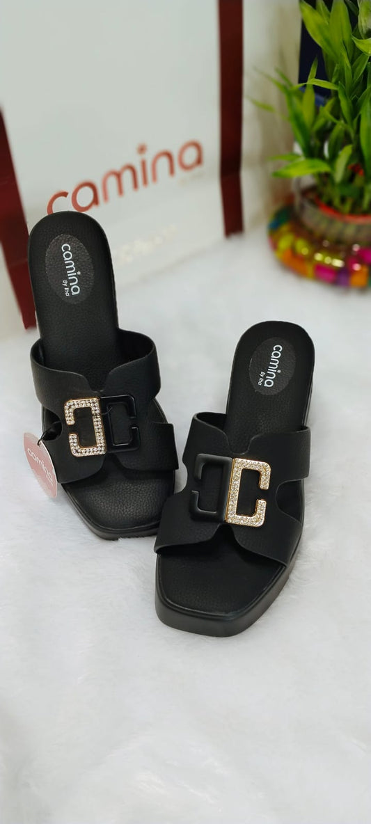 Luxe Black Slide Sandals with Rhinestone Buckle Detail-A47