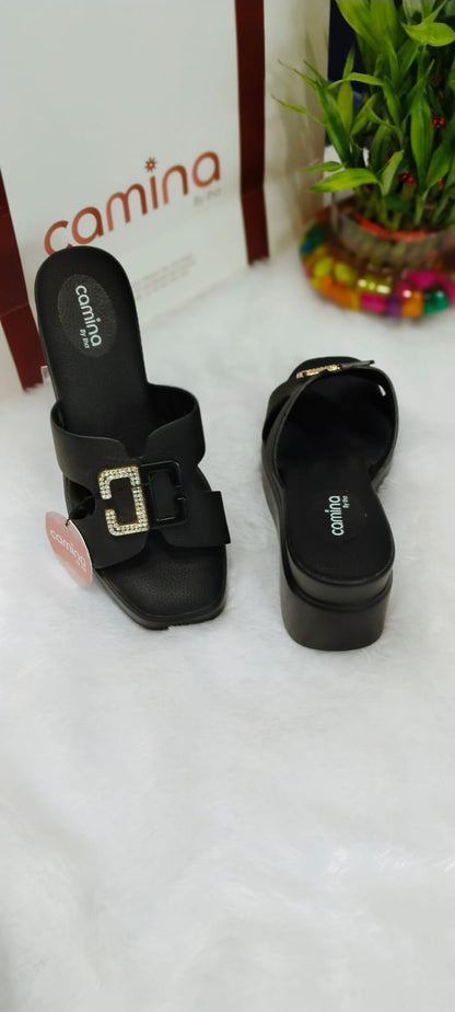 Luxe Black Slide Sandals with Rhinestone Buckle Detail-A47