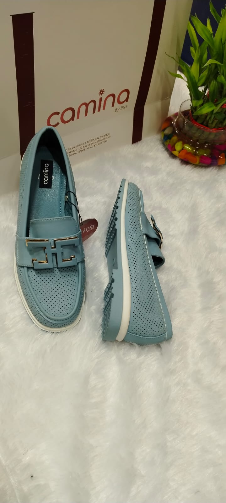 Stylish Perforated  Loafers with Elegant Gold Buckle Accents and Comfortable White-A45 Sole