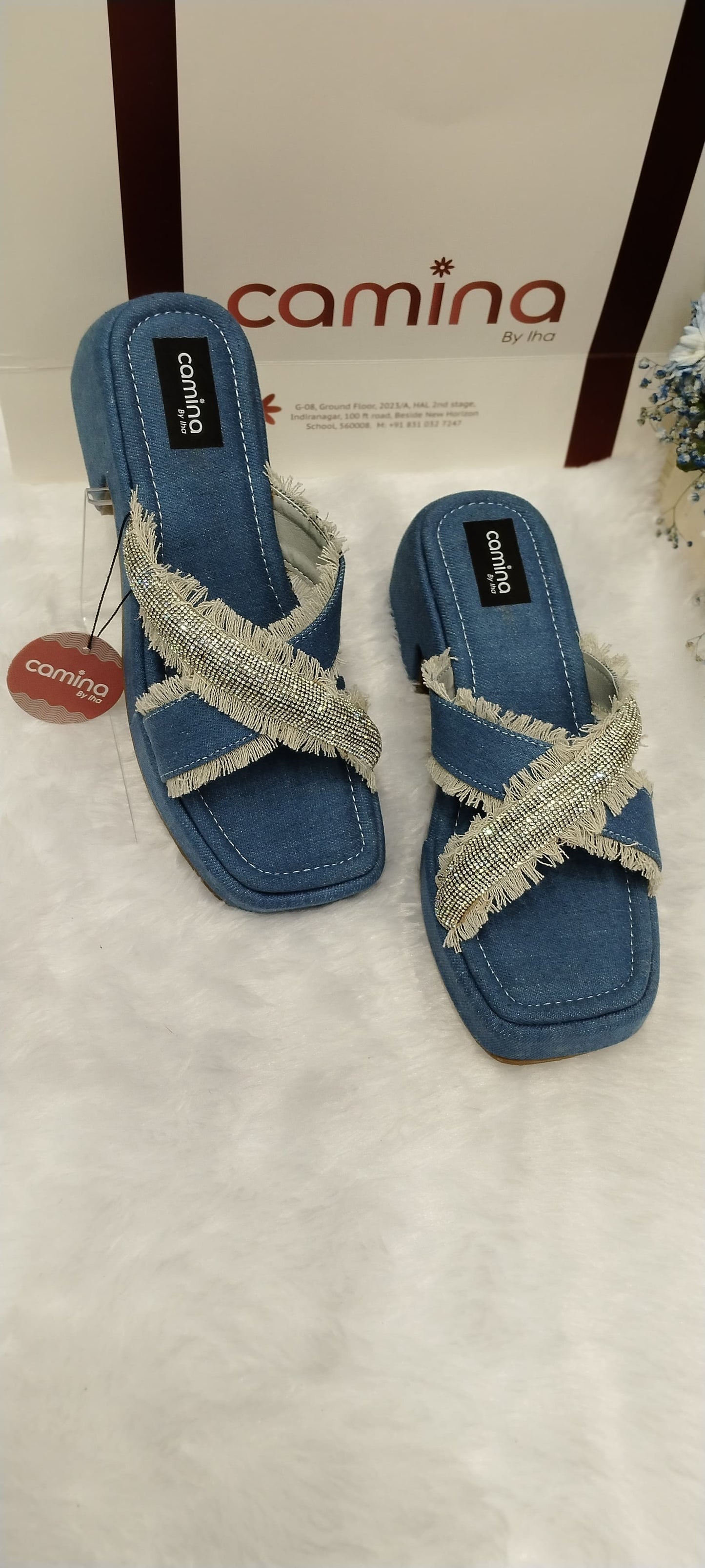 Denim Block Heel Open Back Sandals with Upper Cross strap Stone Design